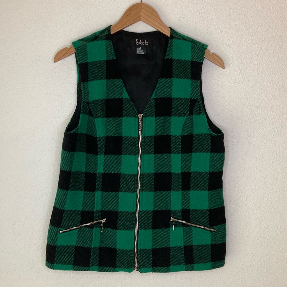 Green Buffalo Plaid Wool Vest Zip w/ pockets